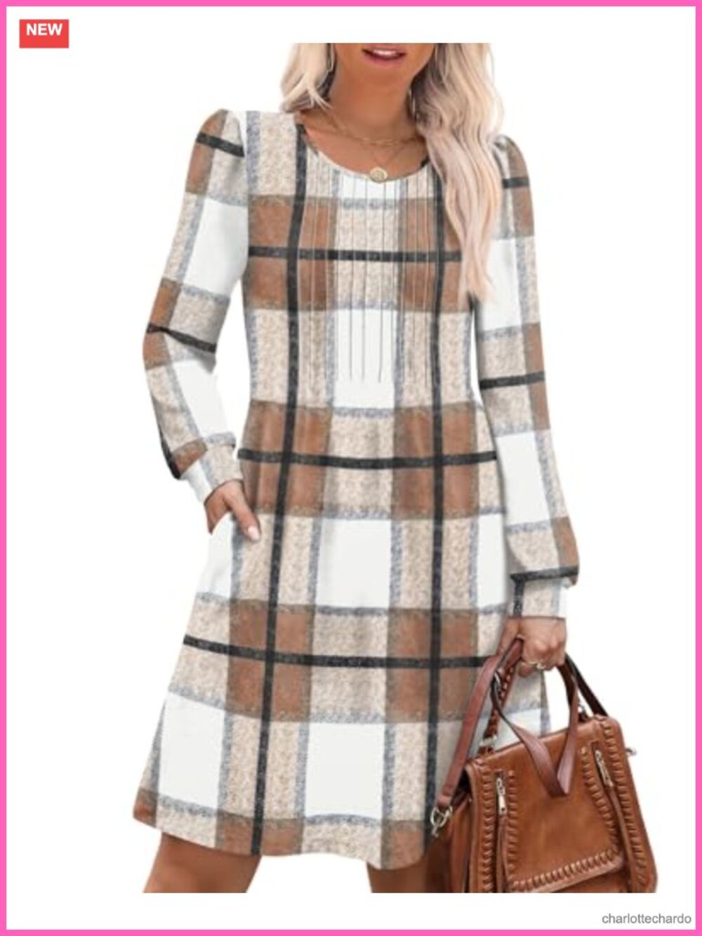 Women's Pleated Babydoll Sweater Dress Long Sleeve A-Line Casual